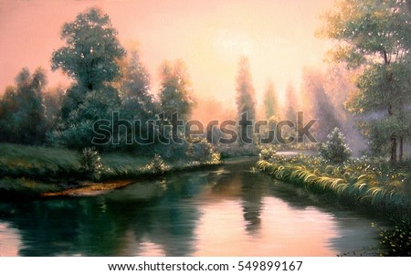 Oil painting landscape , colorful summer forest, beautiful river