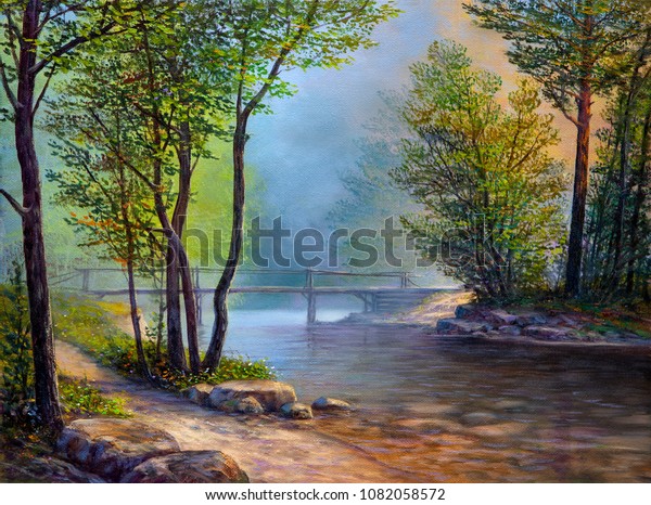 Oil painting landscape , colorful summer forest,\
beautiful river with a\
bridge