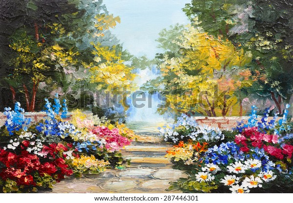 Oil wall painting landscape - colorful summer forest, beautiful flowers. 3d wallpaper. 