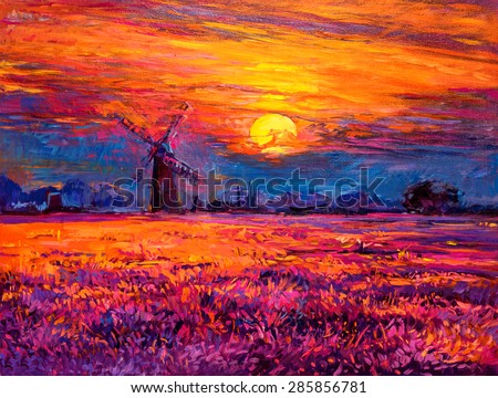 Oil painting landscape - colorful sunset and beautiful mill. Modern impressionism by Nikolov
