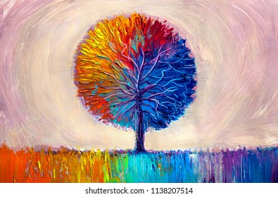 Oil painting landscape, colorful  tree.  Hand Painted Impressionist, outdoor landscape.