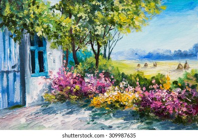 oil painting landscape - garden near the house, colorful flowers, summer forest