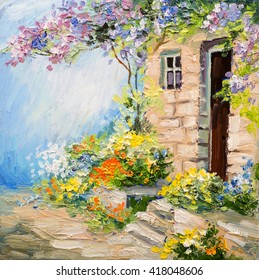 Oil Painting Landscape - Garden Near The House, Colorful Flowers, Summer Forest