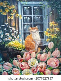  Oil Painting Landscape, Ginger Cat In The Spring Near The Window