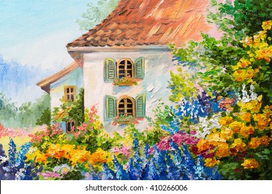 oil painting landscape, house in the flower garden, abstract  impressionism
