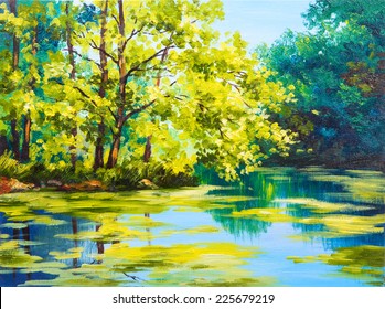 Oil Painting Landscape - Lake In The Forest, Summer Day