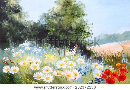 Oil painting landscape - meadow of daisies, nature