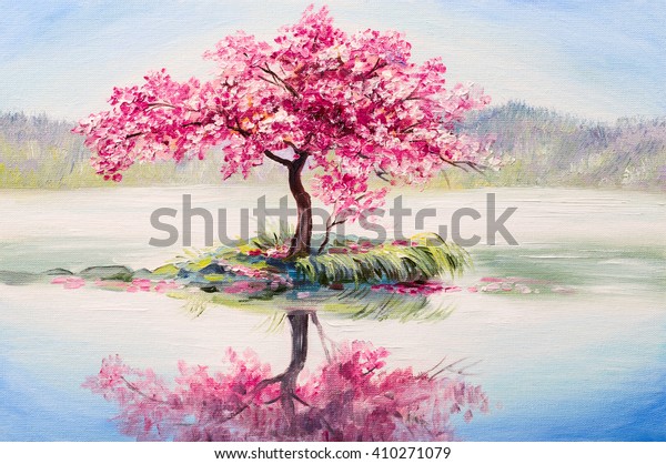 oil painting landscape, oriental cherry tree, sakura\
on the lake
