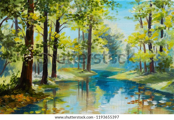 Oil Painting Landscape River Forest Summer Stock Illustration 1193655397