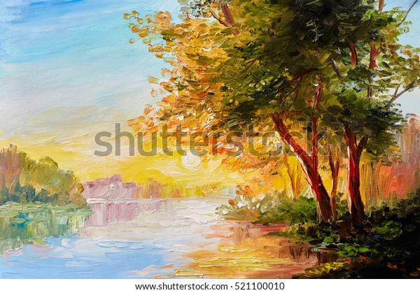 Oil painting of river in the spring forest with sunset