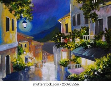 Oil painting landscape - street near the sea, night city, lanter