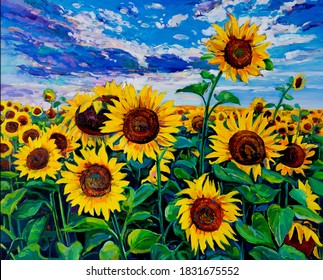 Oil Painting. Landscape with sunflowers. Modern art