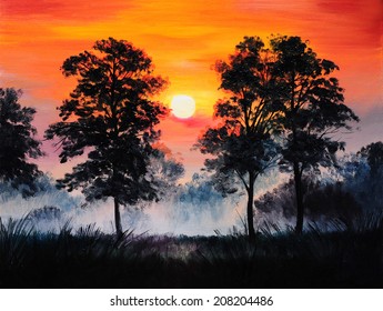 oil painting landscape - sunset in the forest, fog