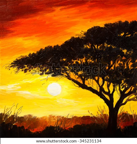 oil painting landscape - sunset in the forest, wallpaper, bright sun