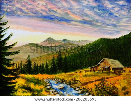 oil painting landscape - sunset in the mountains, village house