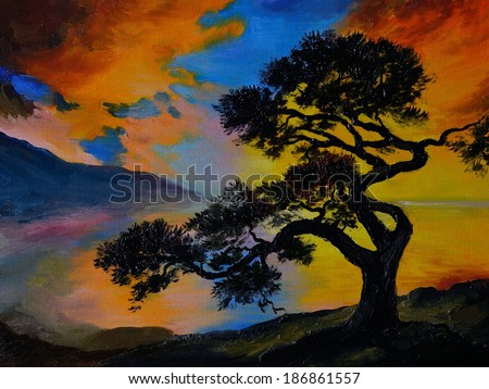 Oil painting landscape - tree near the lake at sunset 