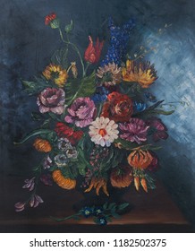 Oil painting - A large colorful bouquet of flowers in a vase stands on the table