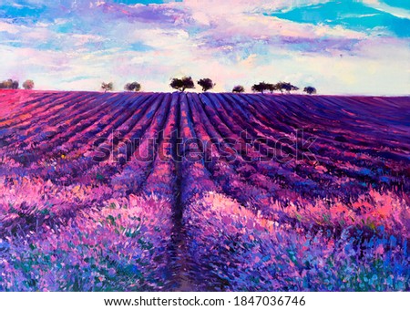 Oil painting with Lavender field. Art decor.