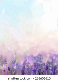 Oil Painting Lavender  Flowers In The Meadows. Abstract  Oil Painting Sunshine At Flower Field In Soft Purple Color And Blur Style With Bokeh Background.