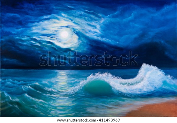 Oil painting of\
the moonlight sea\
landscape