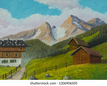 Oil painting of a mountain pasture in the mountains and two wooden barns next to it