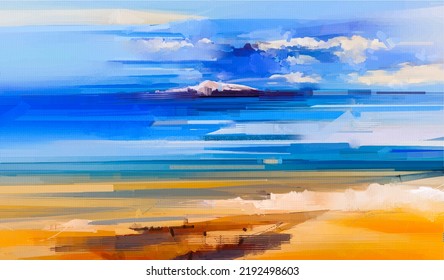 Oil painting nature, horizon outdoor landscape. Illustration of seascape with sea, ocean wave, cloud, light blue sky, beach sunset. Modern art, Abstract impressionism for travel painting background - Powered by Shutterstock