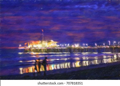 Oil Painting; Night View at the Snata Monica Pier in August