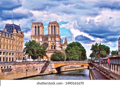 Oil painting of Notre Dame Cathedral. Paris. France.
