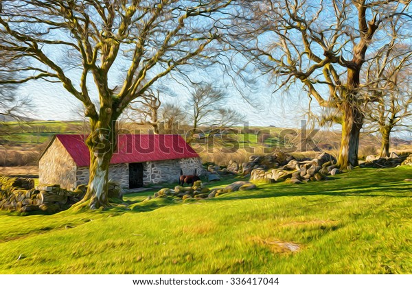 Oil Painting Old Red Roof Barn Stock Image Download Now