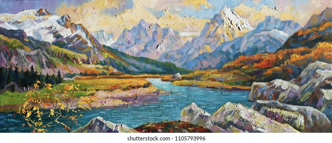 
An oil painting on canvas. Autumn in the mountains of Caucasus. Artistic work in bright and juicy tones.