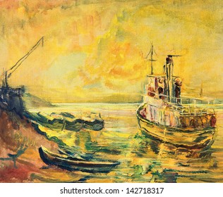 An Oil Painting On Canvas Of A Beautiful Sunrise On Danube River With An Old Fishing Ship And A Boat Docked At The Coastline.