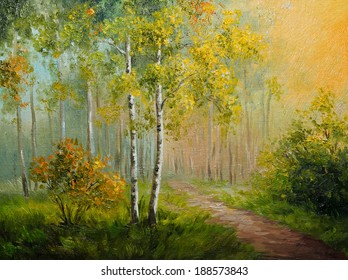 Oil Painting On Canvas - Birch Forest, Abstract Drawing, Made In The Style Of Impressionism 