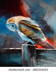 Oil painting on canvas, depicting a barn owl sitting on a wooden fence on a winter night

