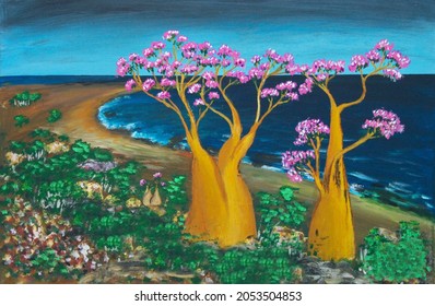 Oil Painting On Canvas Of Desert Rose Plants Of Yemen By The Ocean Shore