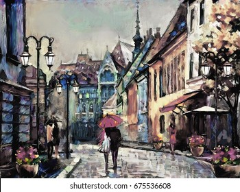 Oil painting Paris street scene in sunset landscape with carriage canvas