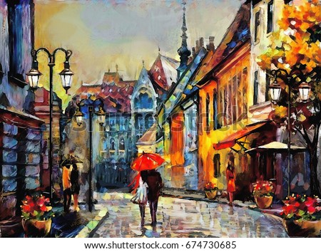 oil painting on canvas european city. Hungary. street view of Budapest. Artwork. people under a red umbrella. Tree.