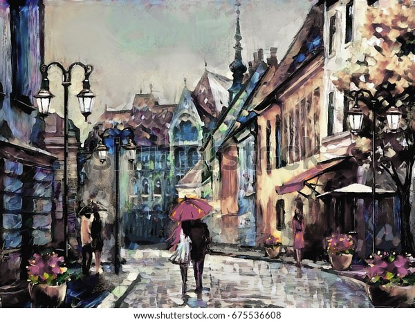 ヨーロッパのキャンバス都市に油絵 パリの街並み アートワーク 赤い傘の下の人々 ツリー のイラスト素材