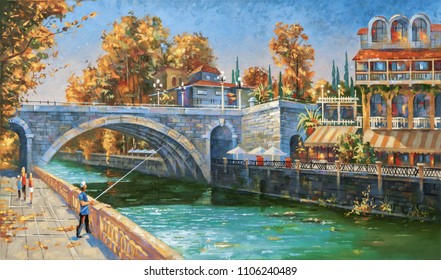 Oil painting on canvas. Fisherman on the embankment of the river Sochi, autumn, the architectural landscape of beloved city. Author: Nikolay Sivenkov - Powered by Shutterstock