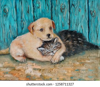 Oil painting beautiful lovely and cute animals dog Human friend sitting canvas 