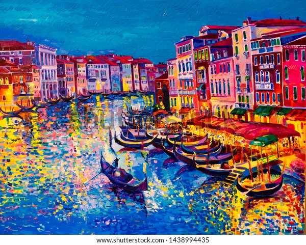 Oil Painting On Canvas Gondolas Colour Stock Illustration 1438994435