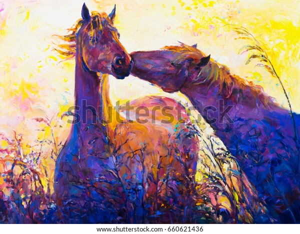 Oil painting on canvas. Horses. Modern art. Wallpaper for walls. 