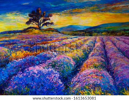 Oil painting on canvas. Lavender field. Modern art.