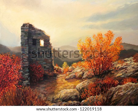 An oil painting on canvas of an old fortress ruins on a mountain top. Warm light of the sunset is in harmony with the autumn colors of the trees.