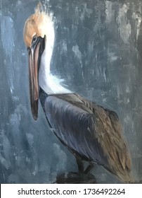 Oil painting on canvas pelican on the blue gray background. Animalistic portrair. Modern art.