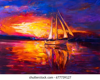 Oil Painting On Canvas Sailboat Sunset Stock Illustration 677739127