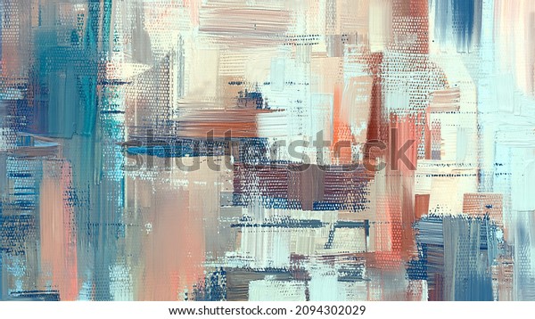 Oil painting on canvas. Sand color art, artistic texture. Abstract grungy background, light hand painted cover, backdrop, brown and blue features. 