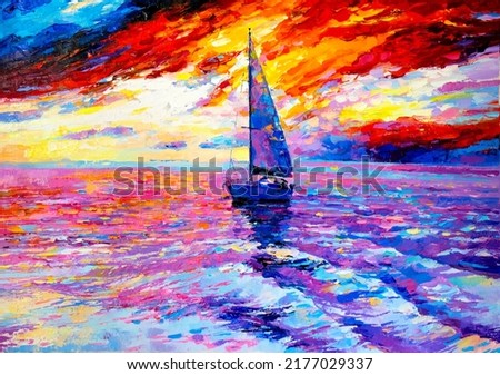 Oil painting on canvas. Seascape painting. Modern impressionism.