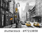 oil painting on canvas, street view of New York, woman under an umbrella, yellow taxi,  modern Artwork,  American city, illustration New York