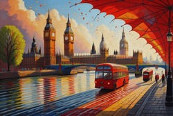 Oil Painting On Canvas, Street View Of London, River And Bus On Bridge. Artwork. Big Ben. Man And Woman Under A Red Umbrellaoil Painting On Canvas, Street View Of London, River And Bus On Bridge. Artw