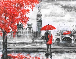Oil Painting On Canvas, Street View Of London, River And Bus On Bridge. Artwork. Big Ben. Man And Woman Under A Red Umbrella